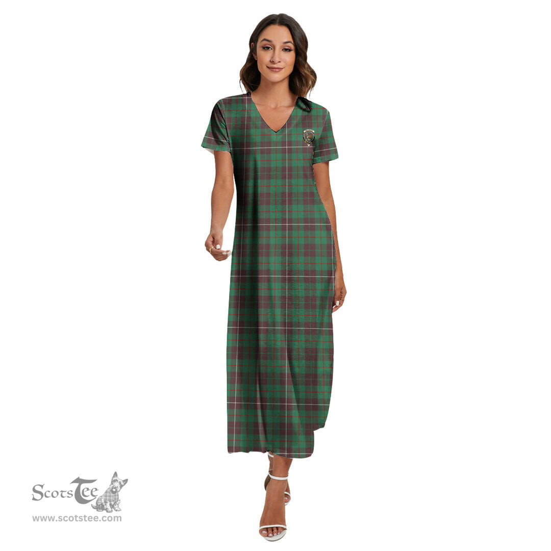 ScotsTee Shop Scottish MacKinnon Hunting Ancient Clan Crest Tartan Womens Fitted V-neck Side Slit Maxi Dress