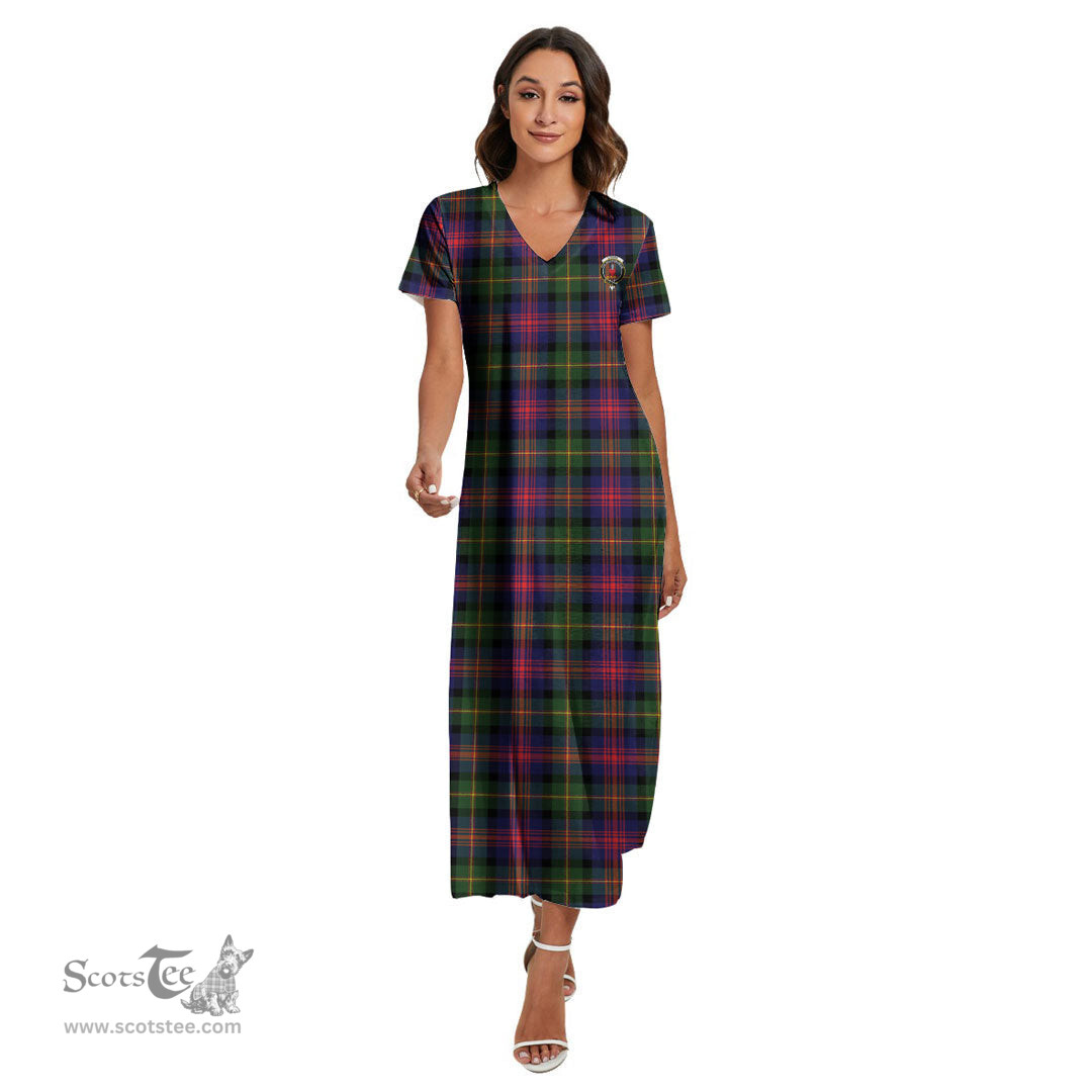 ScotsTee Shop Scottish Logan Modern Clan Crest Tartan Womens Fitted V-neck Side Slit Maxi Dress
