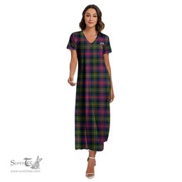 ScotsTee Shop Scottish Logan Modern Clan Crest Tartan Womens Fitted V-neck Side Slit Maxi Dress