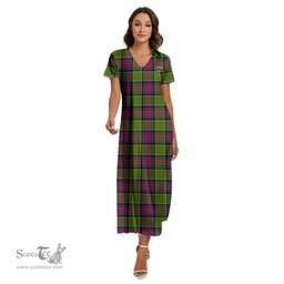 ScotsTee Shop Scottish MacDonald of Clanranald Clan Crest Tartan Womens Fitted V-neck Side Slit Maxi Dress