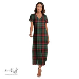 ScotsTee Shop Scottish MacDiarmid Modern Clan Tartan Womens Fitted V-neck Side Slit Maxi Dress