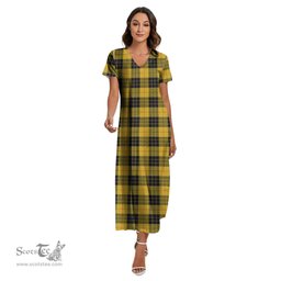 ScotsTee Shop Scottish MacLeod of Lewis Ancient Clan Tartan Womens Fitted V-neck Side Slit Maxi Dress