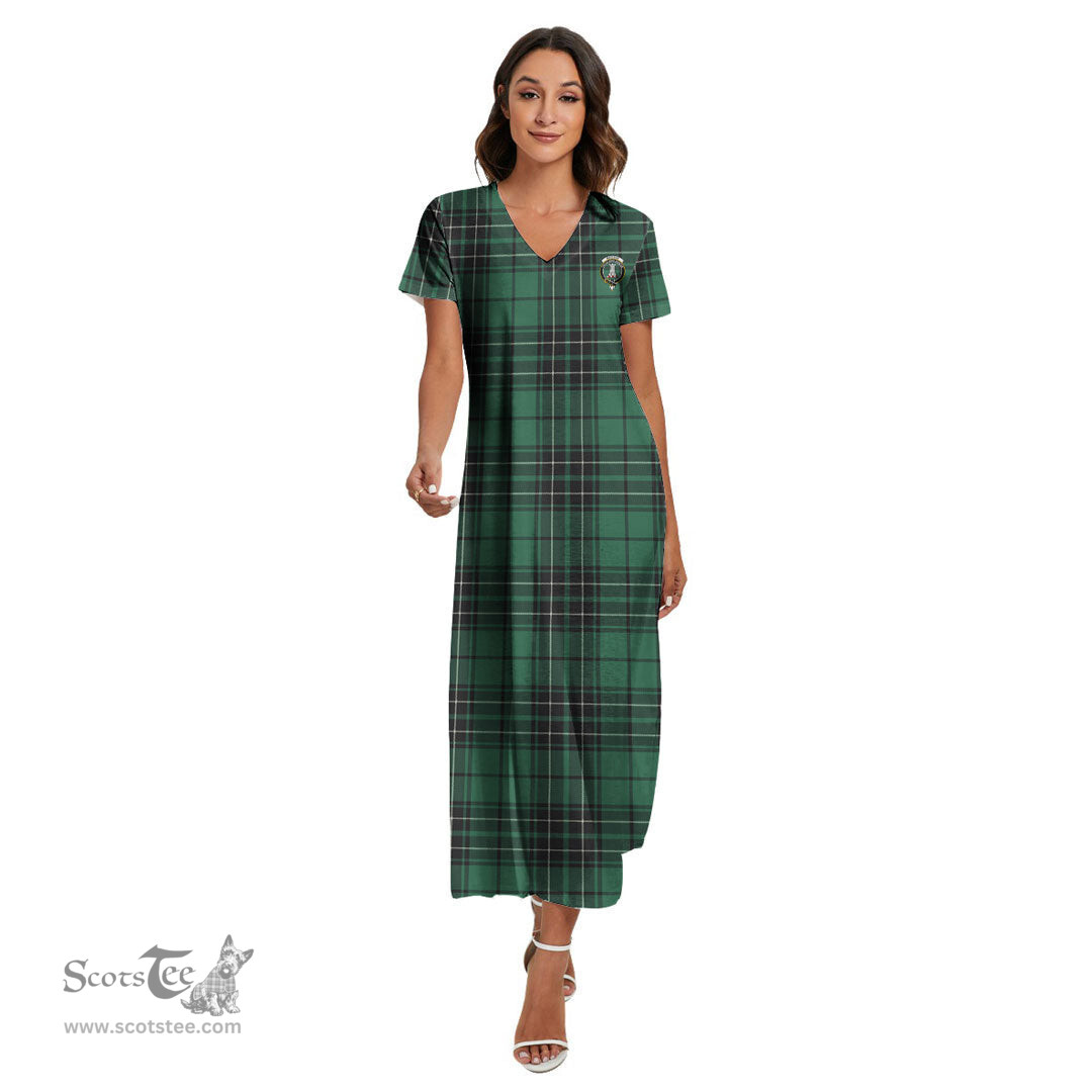 ScotsTee Shop Scottish MacLean Hunting Ancient Clan Crest Tartan Womens Fitted V-neck Side Slit Maxi Dress