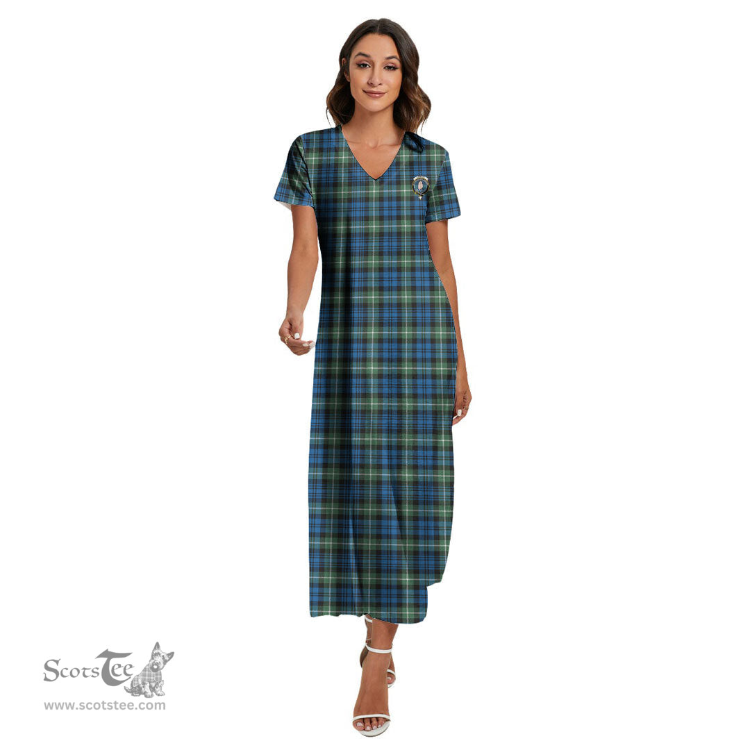 ScotsTee Shop Scottish Lamont Ancient Clan Crest Tartan Womens Fitted V-neck Side Slit Maxi Dress