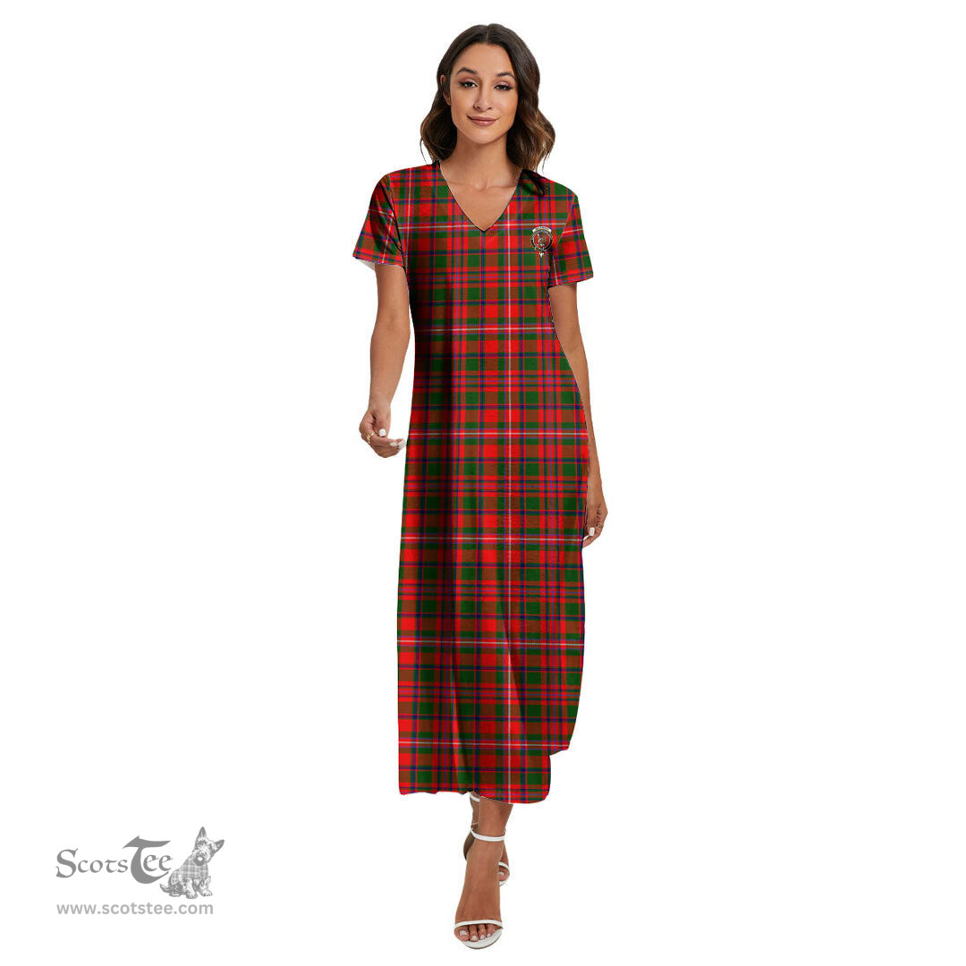 ScotsTee Shop Scottish MacKinnon Modern Clan Crest Tartan Womens Fitted V-neck Side Slit Maxi Dress