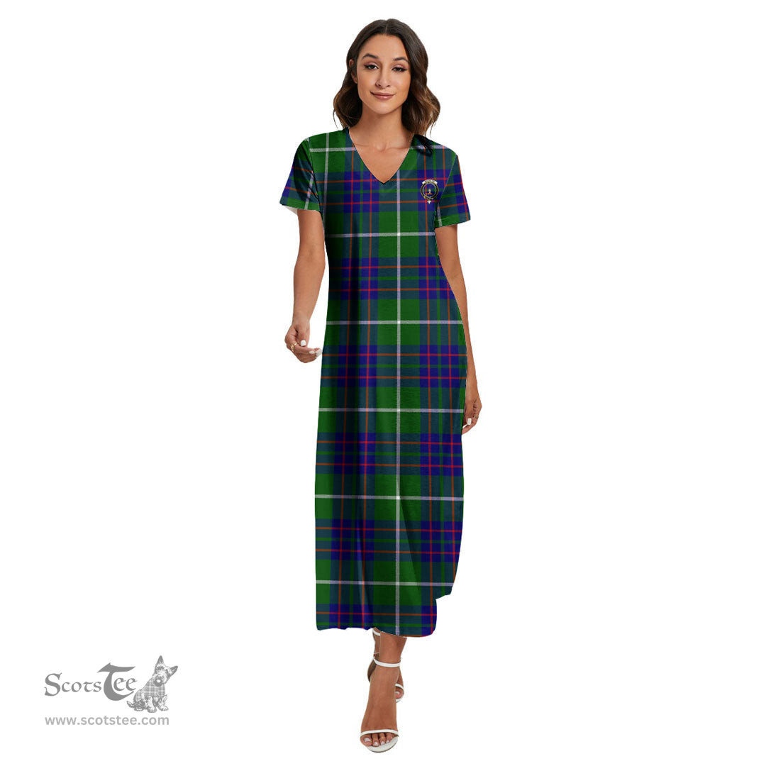 ScotsTee Shop Scottish MacIntyre Hunting Modern Clan Crest Tartan Womens Fitted V-neck Side Slit Maxi Dress