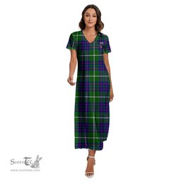 ScotsTee Shop Scottish MacIntyre Hunting Modern Clan Crest Tartan Womens Fitted V-neck Side Slit Maxi Dress
