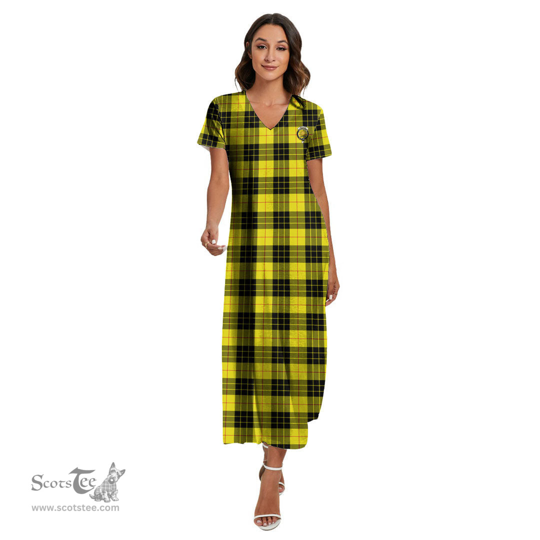 ScotsTee Shop Scottish MacLeod of Lewis Modern Clan Crest Tartan Womens Fitted V-neck Side Slit Maxi Dress
