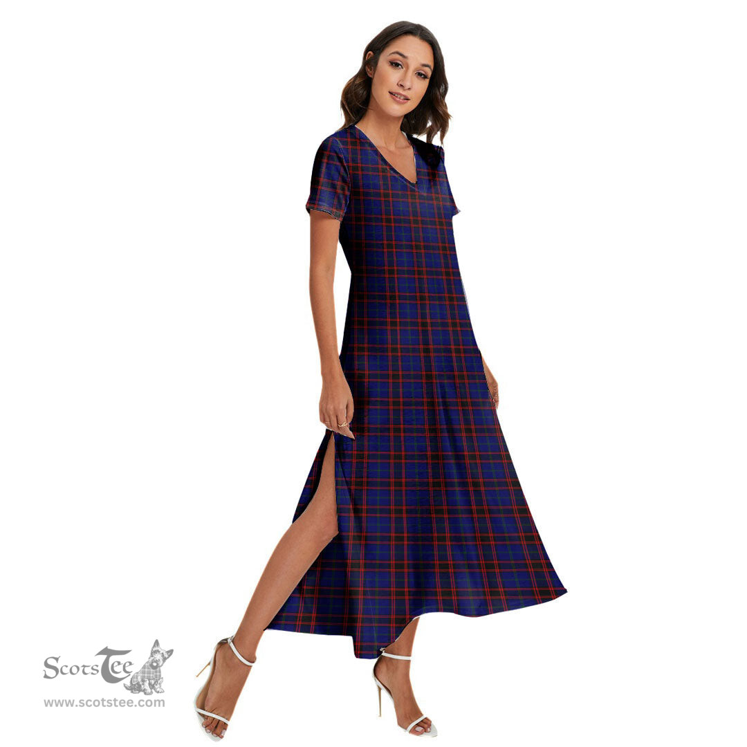 ScotsTee Shop Scottish Home Modern Clan Tartan Womens Fitted V-neck Side Slit Maxi Dress
