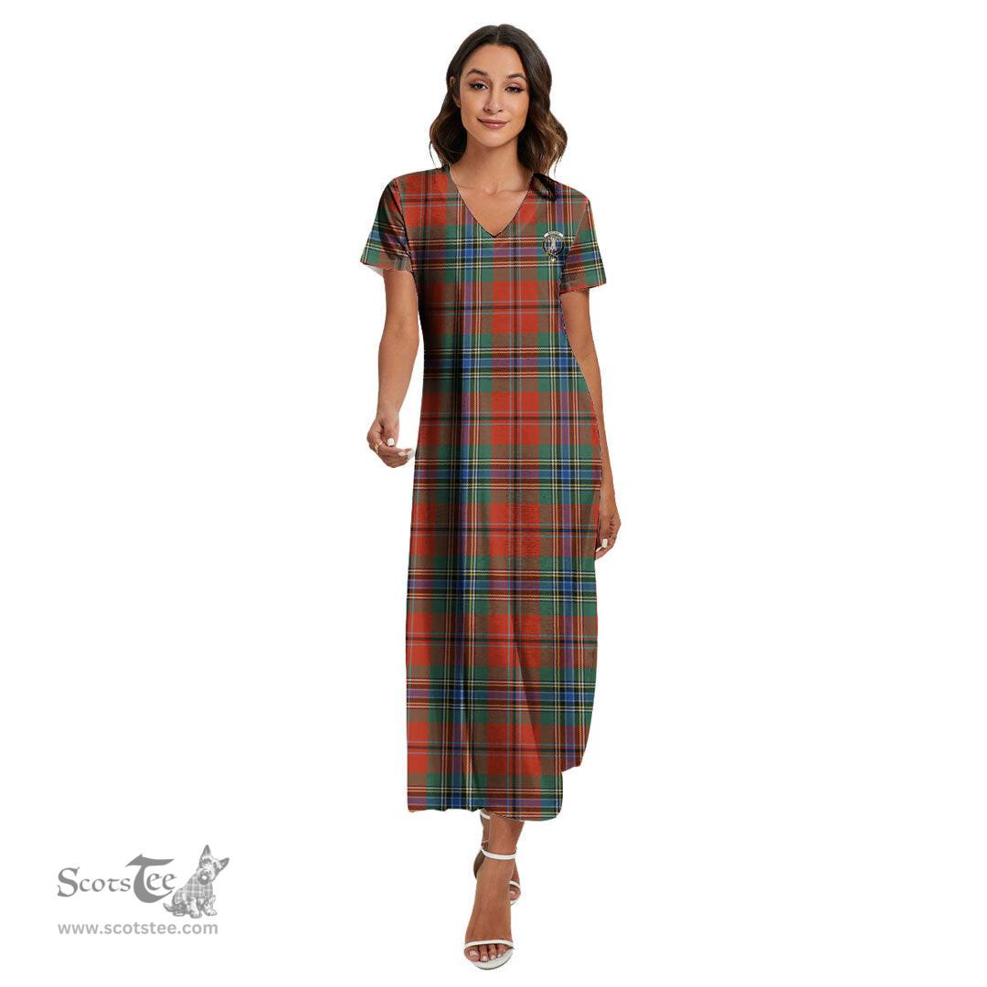 ScotsTee Shop Scottish MacLean of Duart Ancient Clan Crest Tartan Womens Fitted V-neck Side Slit Maxi Dress