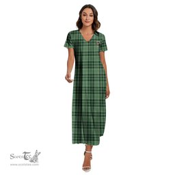 ScotsTee Shop Scottish MacDonald Lord of the Isles Hunting Clan Crest Tartan Womens Fitted V-neck Side Slit Maxi Dress
