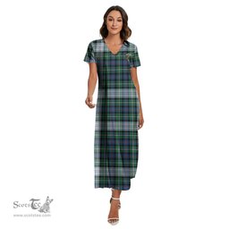 ScotsTee Shop Scottish MacKenzie Dress Ancient Clan Crest Tartan Womens Fitted V-neck Side Slit Maxi Dress