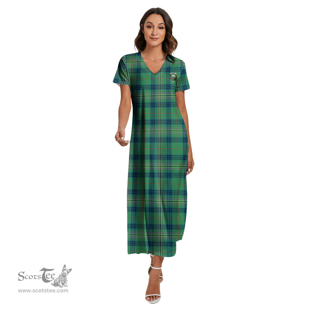 ScotsTee Shop Scottish Kennedy Ancient Clan Crest Tartan Womens Fitted V-neck Side Slit Maxi Dress