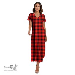 ScotsTee Shop Scottish MacIver Modern Clan Tartan Womens Fitted V-neck Side Slit Maxi Dress