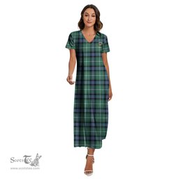ScotsTee Shop Scottish MacDonald of the Isles Hunting Ancient Clan Crest Tartan Womens Fitted V-neck Side Slit Maxi Dress