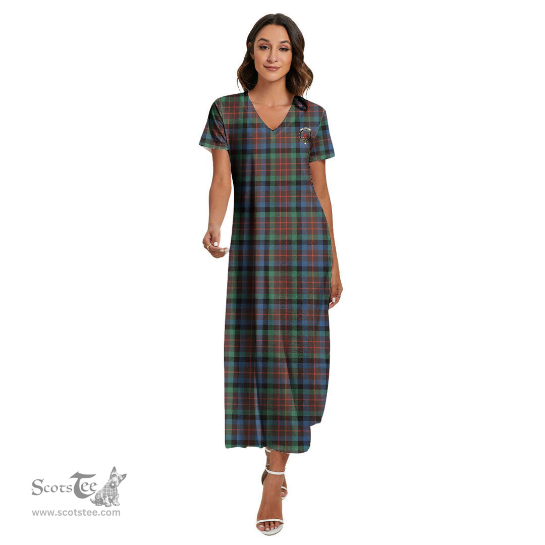 ScotsTee Shop Scottish MacDuff Hunting Ancient Clan Crest Tartan Womens Fitted V-neck Side Slit Maxi Dress