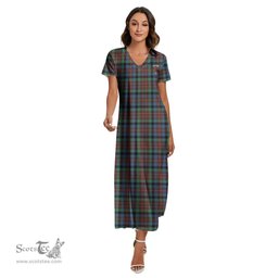 ScotsTee Shop Scottish MacDuff Hunting Ancient Clan Crest Tartan Womens Fitted V-neck Side Slit Maxi Dress