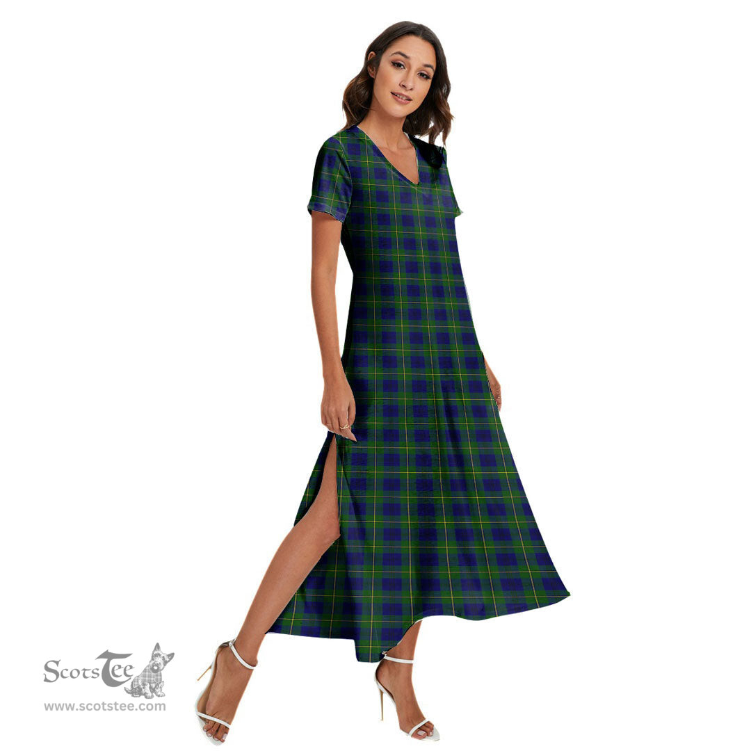 ScotsTee Shop Scottish Johnston Modern Clan Tartan Womens Fitted V-neck Side Slit Maxi Dress