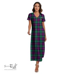 ScotsTee Shop Scottish MacArthur Milton Clan Crest Tartan Womens Fitted V-neck Side Slit Maxi Dress
