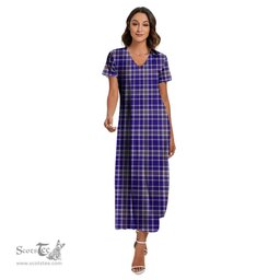 ScotsTee Shop Scottish Ochterlony Clan Tartan Womens Fitted V-neck Side Slit Maxi Dress