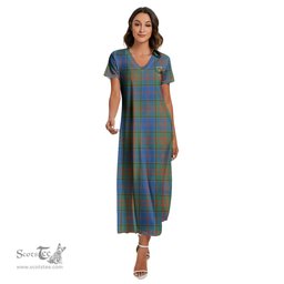 ScotsTee Shop Scottish Stewart of Appin Hunting Ancient Clan Crest Tartan Womens Fitted V-neck Side Slit Maxi Dress