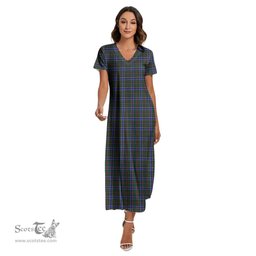 ScotsTee Shop Scottish Ogilvie Hunting Modern Clan Tartan Womens Fitted V-neck Side Slit Maxi Dress