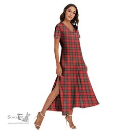 ScotsTee Shop Scottish Stuart of Bute Clan Tartan Womens Fitted V-neck Side Slit Maxi Dress