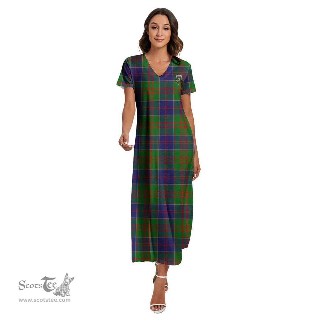 ScotsTee Shop Scottish Stewart of Appin Hunting Modern Clan Crest Tartan Womens Fitted V-neck Side Slit Maxi Dress