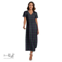 ScotsTee Shop Scottish Rose Hunting Modern Clan Tartan Womens Fitted V-neck Side Slit Maxi Dress