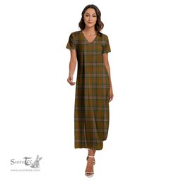 ScotsTee Shop Scottish Scott Brown Modern Clan Tartan Womens Fitted V-neck Side Slit Maxi Dress