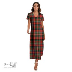 ScotsTee Shop Scottish Stewart Royal Modern Clan Crest Tartan Womens Fitted V-neck Side Slit Maxi Dress