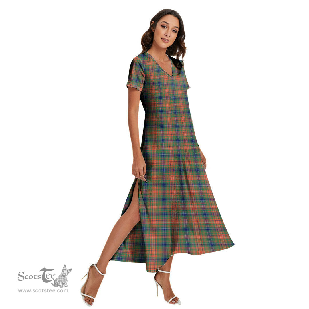ScotsTee Shop Scottish Wilson Ancient Clan Tartan Womens Fitted V-neck Side Slit Maxi Dress