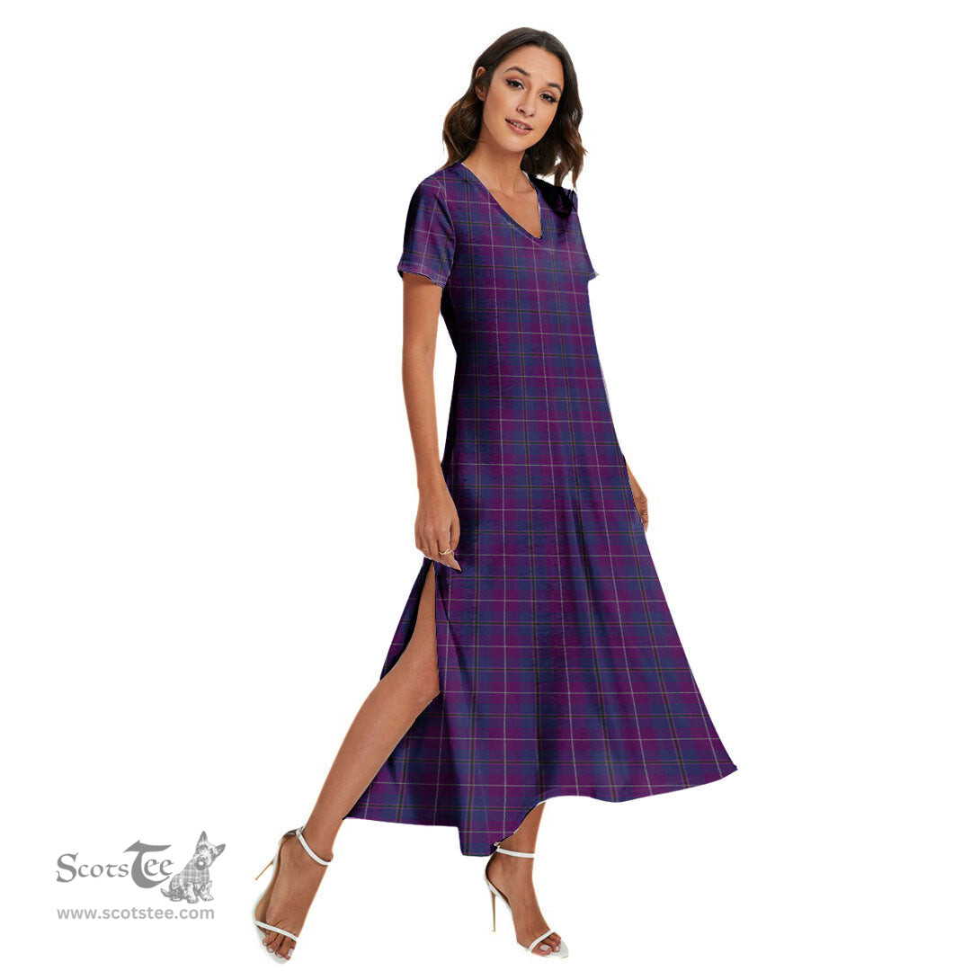 ScotsTee Shop Scottish Pride of Glencoe Clan Tartan Womens Fitted V-neck Side Slit Maxi Dress