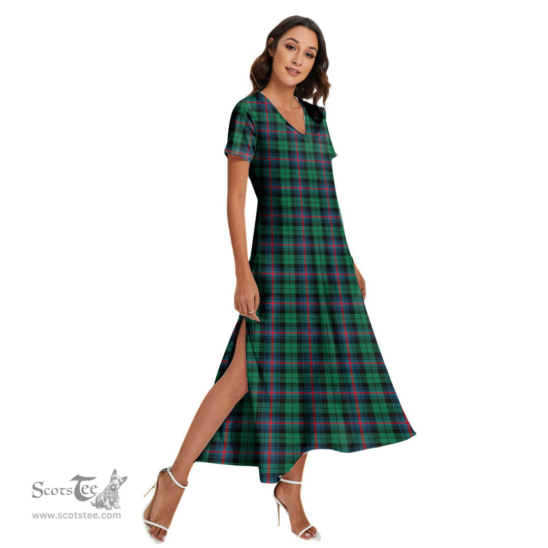 ScotsTee Shop Scottish Urquhart Broad Red Ancient Clan Tartan Womens Fitted V-neck Side Slit Maxi Dress