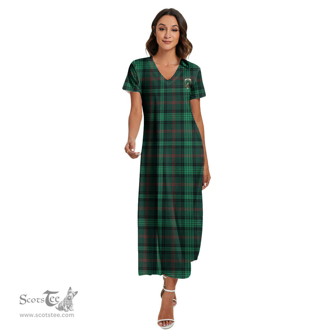 ScotsTee Shop Scottish Ross Hunting Modern Clan Crest Tartan Womens Fitted V-neck Side Slit Maxi Dress