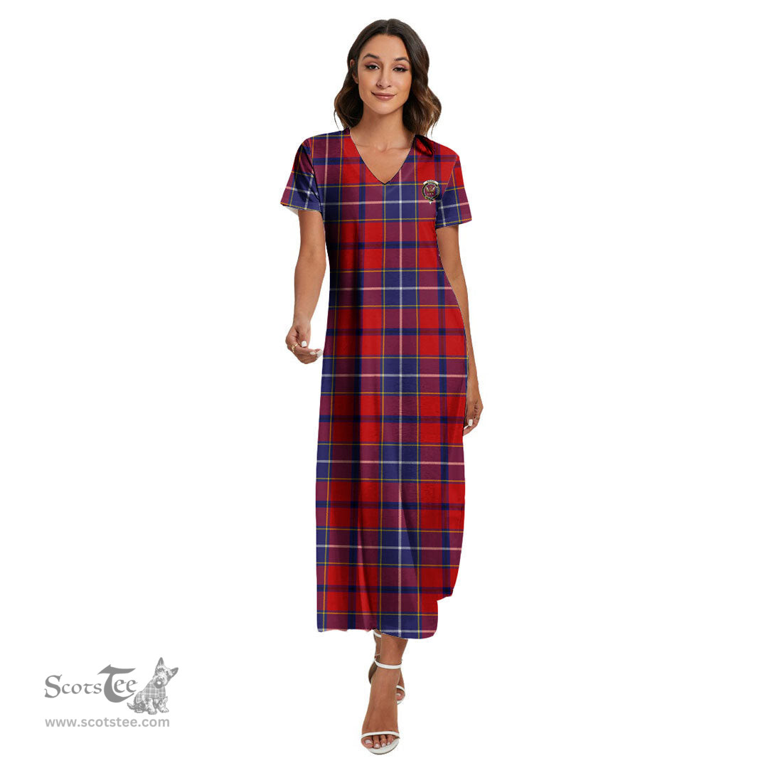 ScotsTee Shop Scottish Wishart Dress Clan Crest Tartan Womens Fitted V-neck Side Slit Maxi Dress