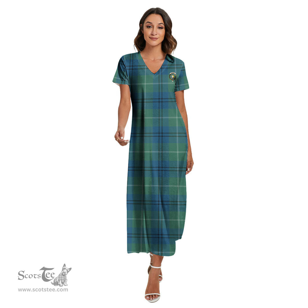 ScotsTee Shop Scottish Oliphant Ancient Clan Crest Tartan Womens Fitted V-neck Side Slit Maxi Dress
