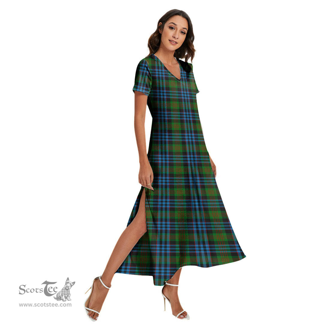 ScotsTee Shop Scottish Newlands of Lauriston Clan Tartan Womens Fitted V-neck Side Slit Maxi Dress