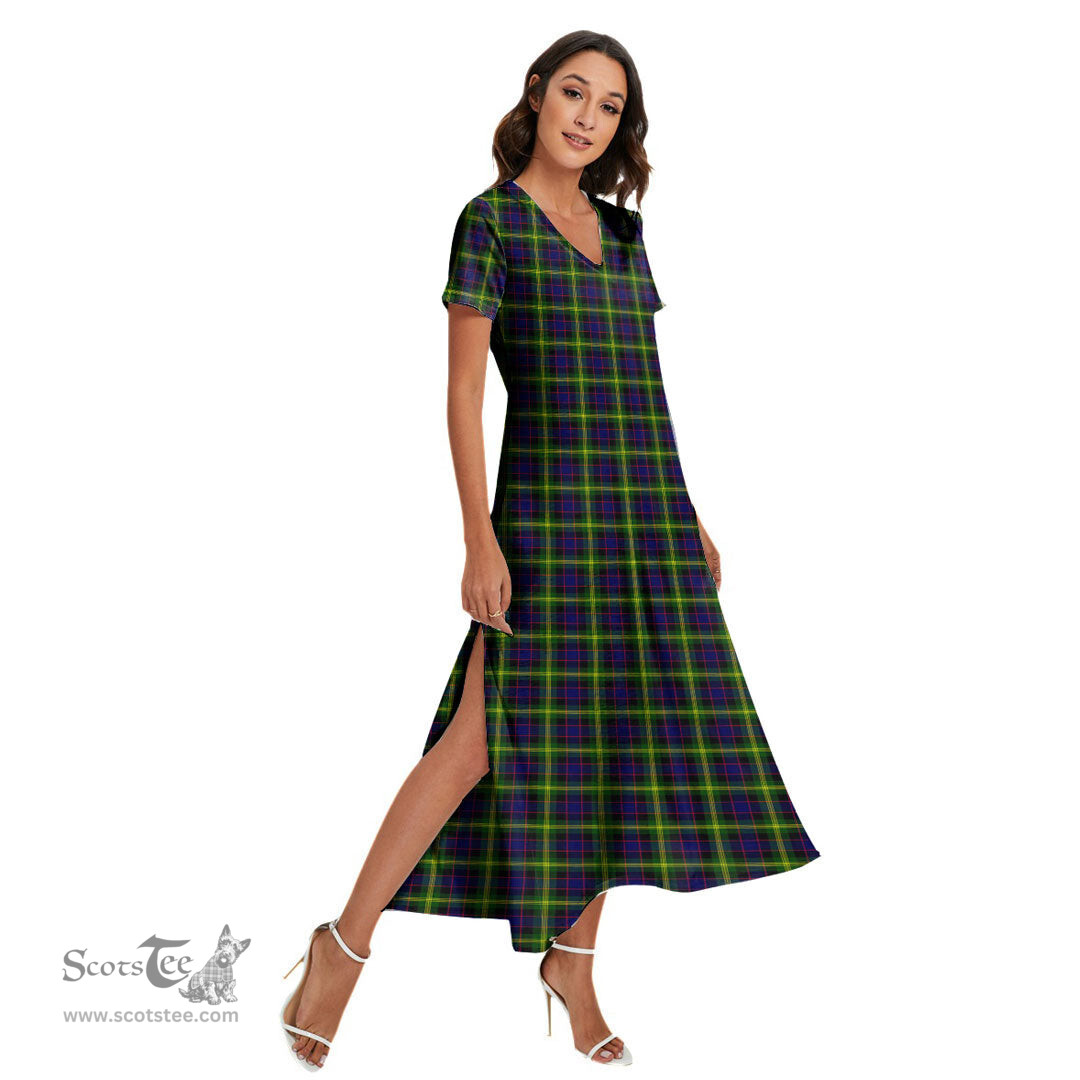 ScotsTee Shop Scottish Watson Modern Clan Tartan Womens Fitted V-neck Side Slit Maxi Dress