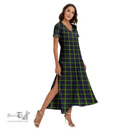 ScotsTee Shop Scottish Watson Modern Clan Tartan Womens Fitted V-neck Side Slit Maxi Dress