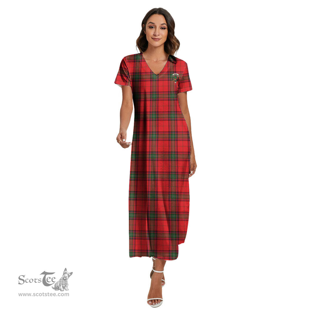 ScotsTee Shop Scottish Seton Modern Clan Crest Tartan Womens Fitted V-neck Side Slit Maxi Dress