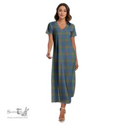 ScotsTee Shop Scottish Stewart of Appin Hunting Ancient Clan Tartan Womens Fitted V-neck Side Slit Maxi Dress