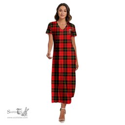 ScotsTee Shop Scottish Wallace Hunting Red Clan Crest Tartan Womens Fitted V-neck Side Slit Maxi Dress