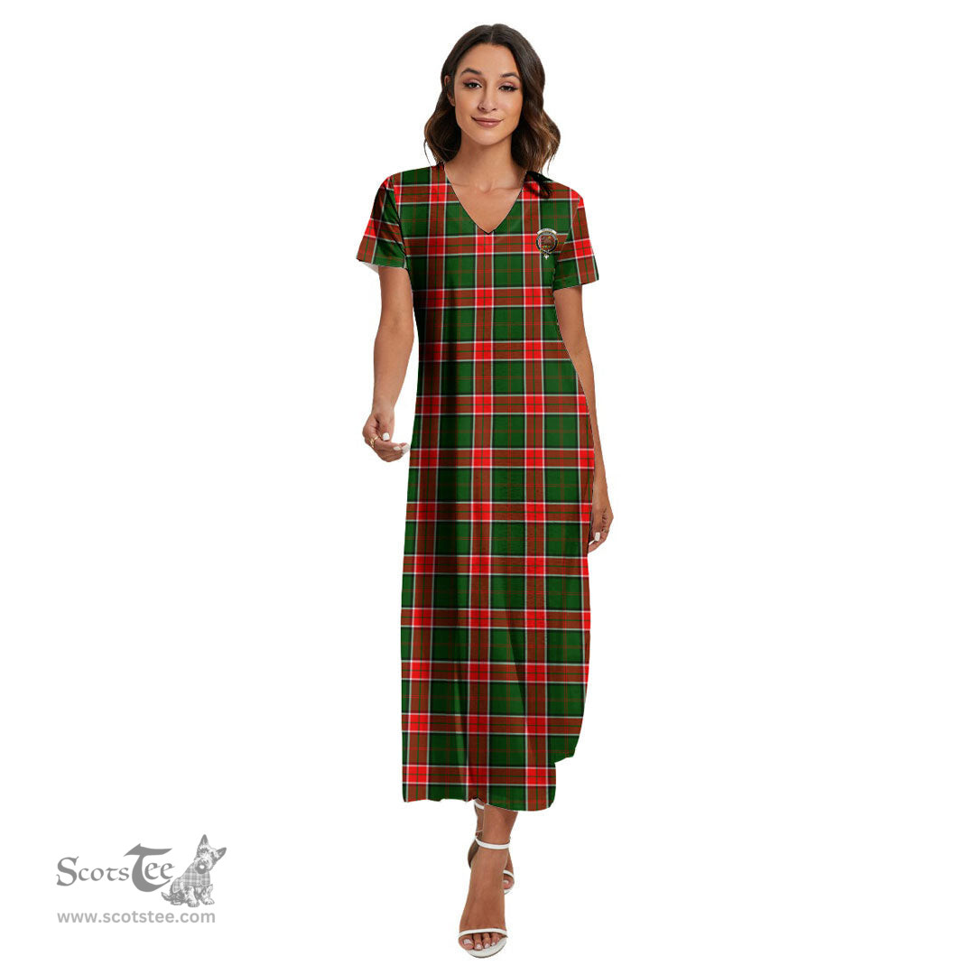 ScotsTee Shop Scottish Pollock Modern Clan Crest Tartan Womens Fitted V-neck Side Slit Maxi Dress