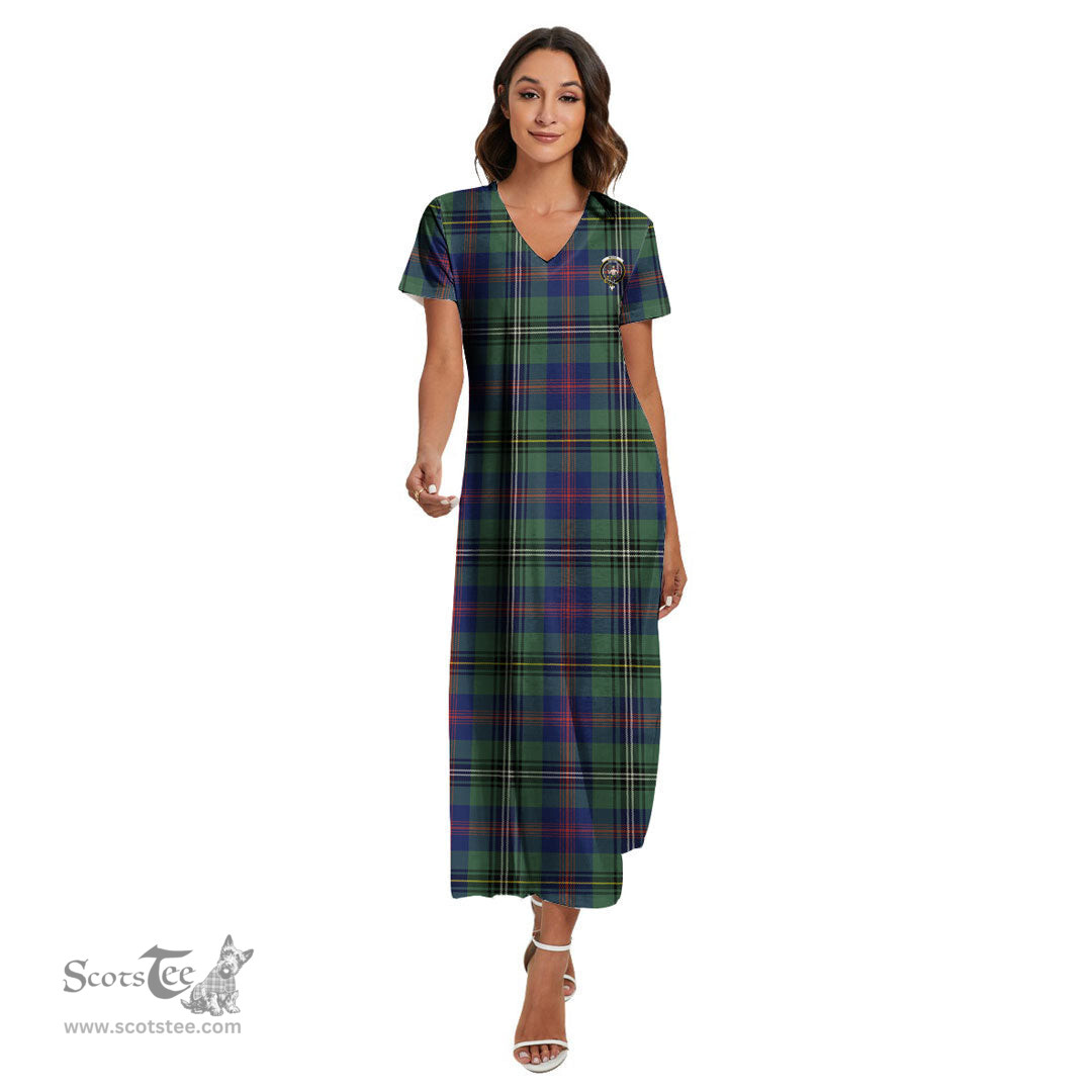 ScotsTee Shop Scottish Wood Modern Clan Crest Tartan Womens Fitted V-neck Side Slit Maxi Dress