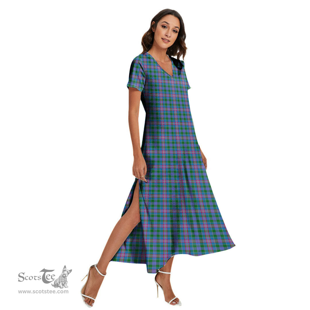 ScotsTee Shop Scottish Ralston Clan Tartan Womens Fitted V-neck Side Slit Maxi Dress