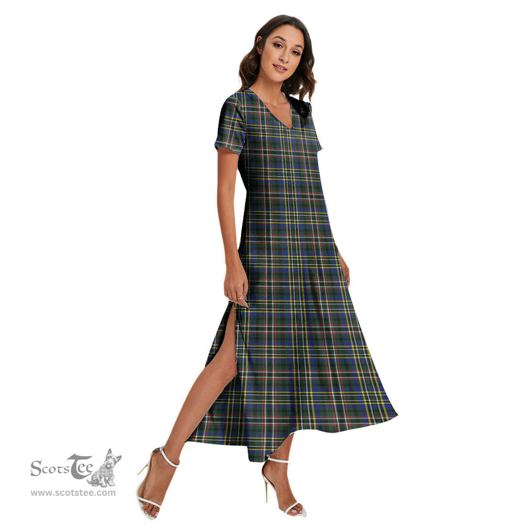 ScotsTee Shop Scottish Scott Green Modern Clan Tartan Womens Fitted V-neck Side Slit Maxi Dress