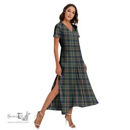 ScotsTee Shop Scottish Scott Green Modern Clan Tartan Womens Fitted V-neck Side Slit Maxi Dress
