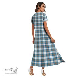 ScotsTee Shop Scottish Stewart Muted Blue Clan Tartan Womens Fitted V-neck Side Slit Maxi Dress