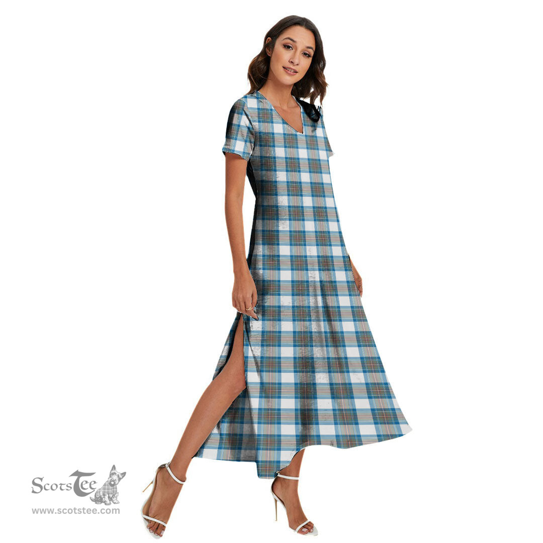 ScotsTee Shop Scottish Stewart Muted Blue Clan Tartan Womens Fitted V-neck Side Slit Maxi Dress
